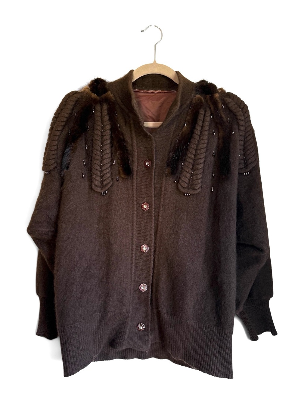 Vintage 80s Real Fur Trim Brown Cardigan Jacket Size L - Picture 2 of 7
